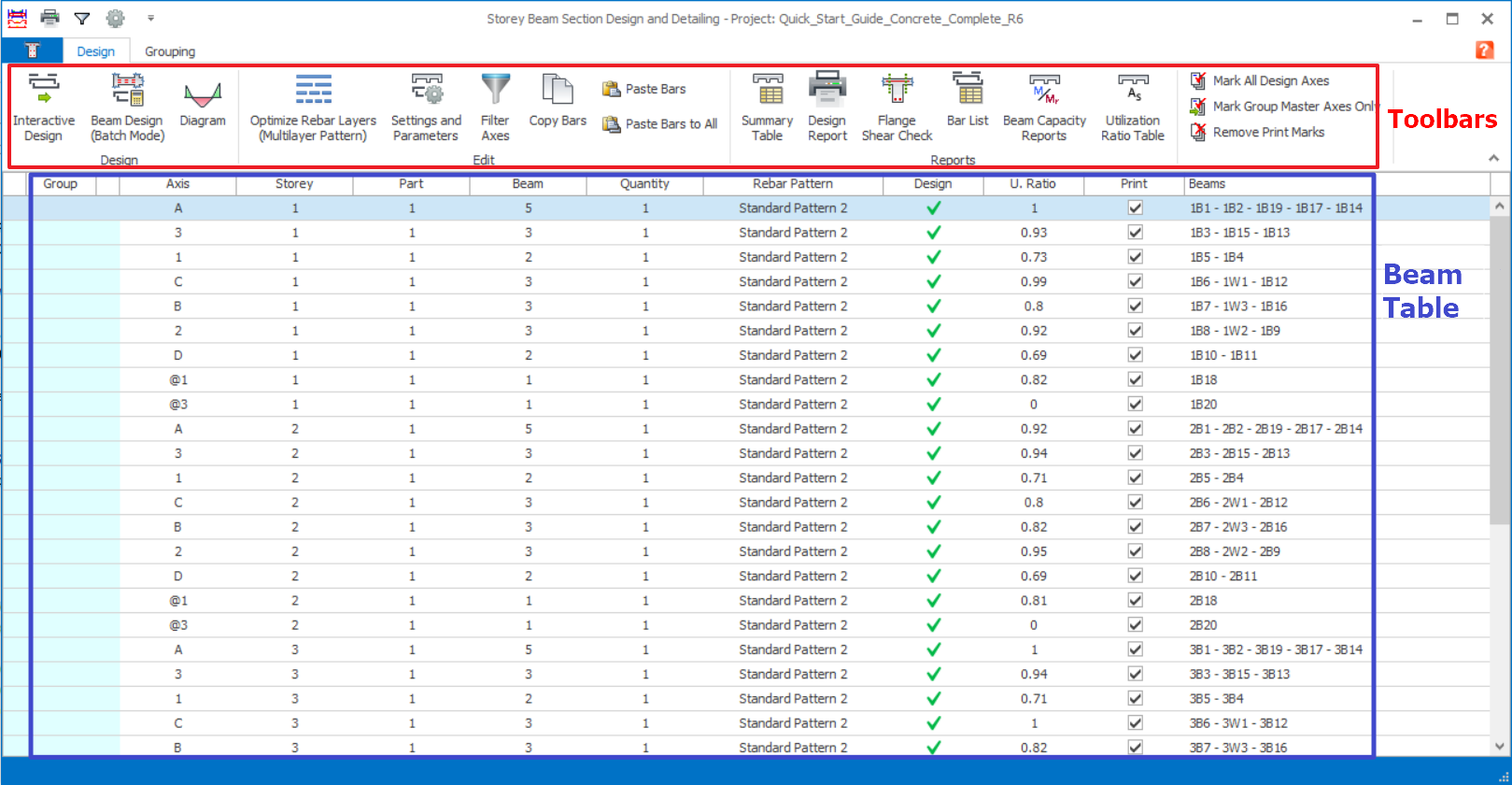 Beam section design table design tab