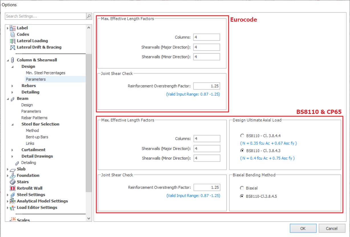 Column and Shearwall Design Settings